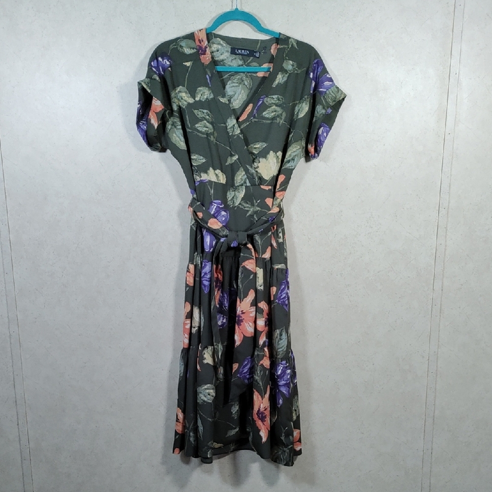 H160 Ralph Lauren black label green dress with floral print 6 NEW